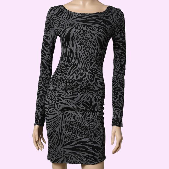ALICE + OLIVIA Black Gray Animal Print Long Sleeve Bodycon Mini Dress - Picture 1 of 6